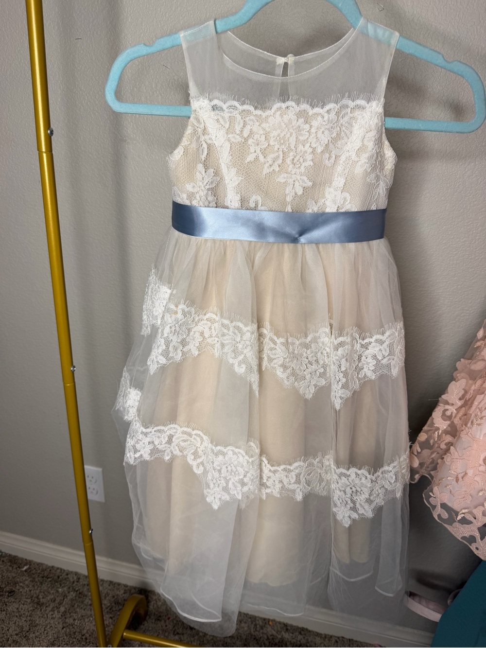 Ivory Lace Tulle Kids Dress with Blue Sash Flow David Bridal Lace Illusions - Picture 1 of 6